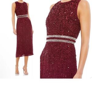 Mac Duggal A10509 Sleeveless High Neck Beaded Midi Sheath Burgundy Sz 2 NWT